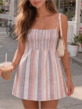 🏷️ HYFVE Pastel Striped Smocked Baby Doll Cotton Romper Size L